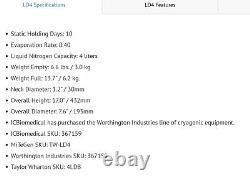 Taylor-Wharton LD4 4L Liquid Nitrogen Cryogenic Dewar With Handle No Cap D1S3